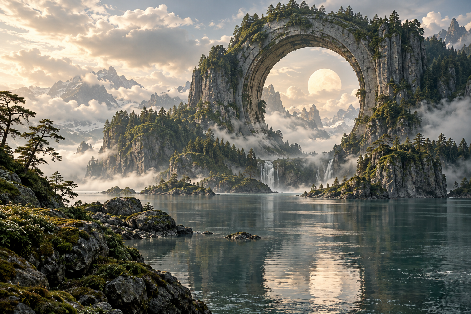 Concept artwork of a circular stone portal among forested cliffs and mist